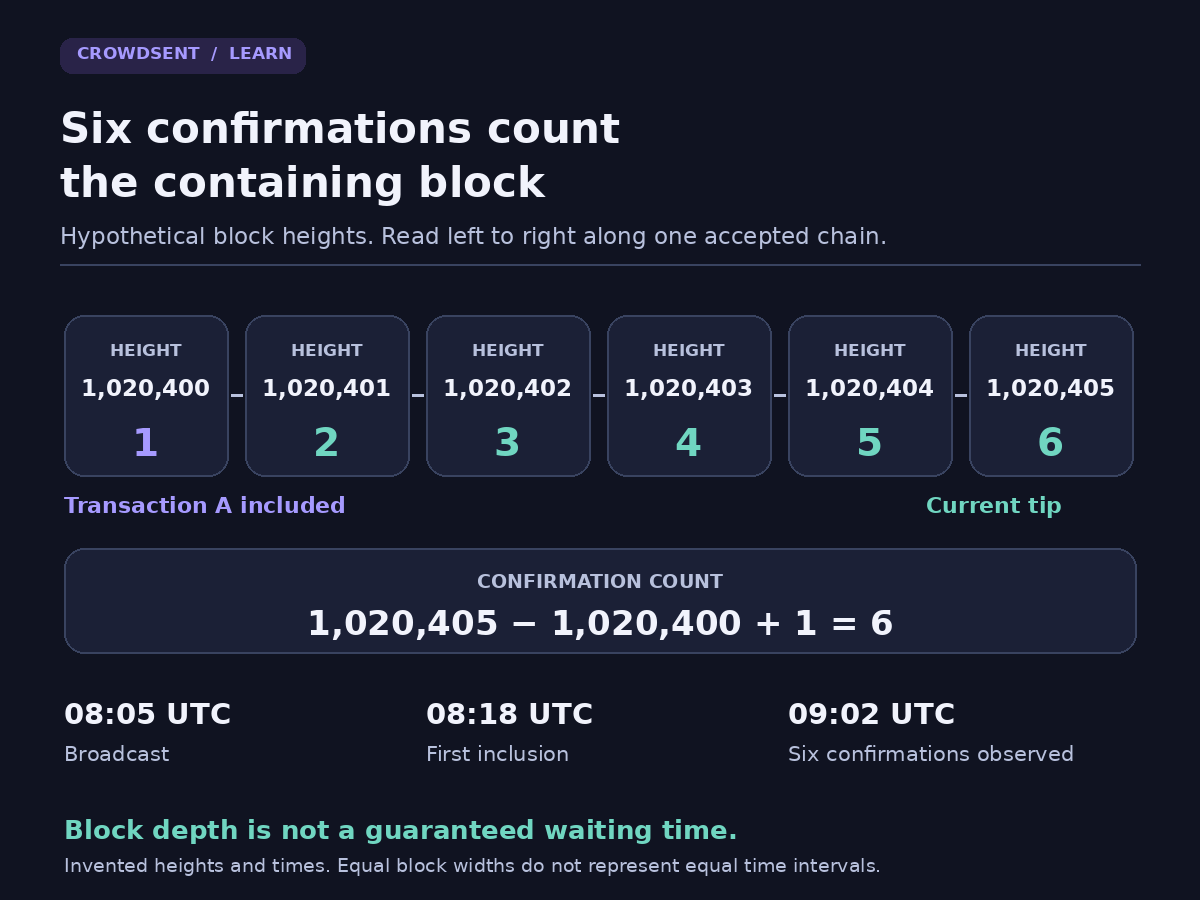 Bitcoin confirmations in a hypothetical six-block chain: the containing block counts as one and five later blocks bring the count to six.