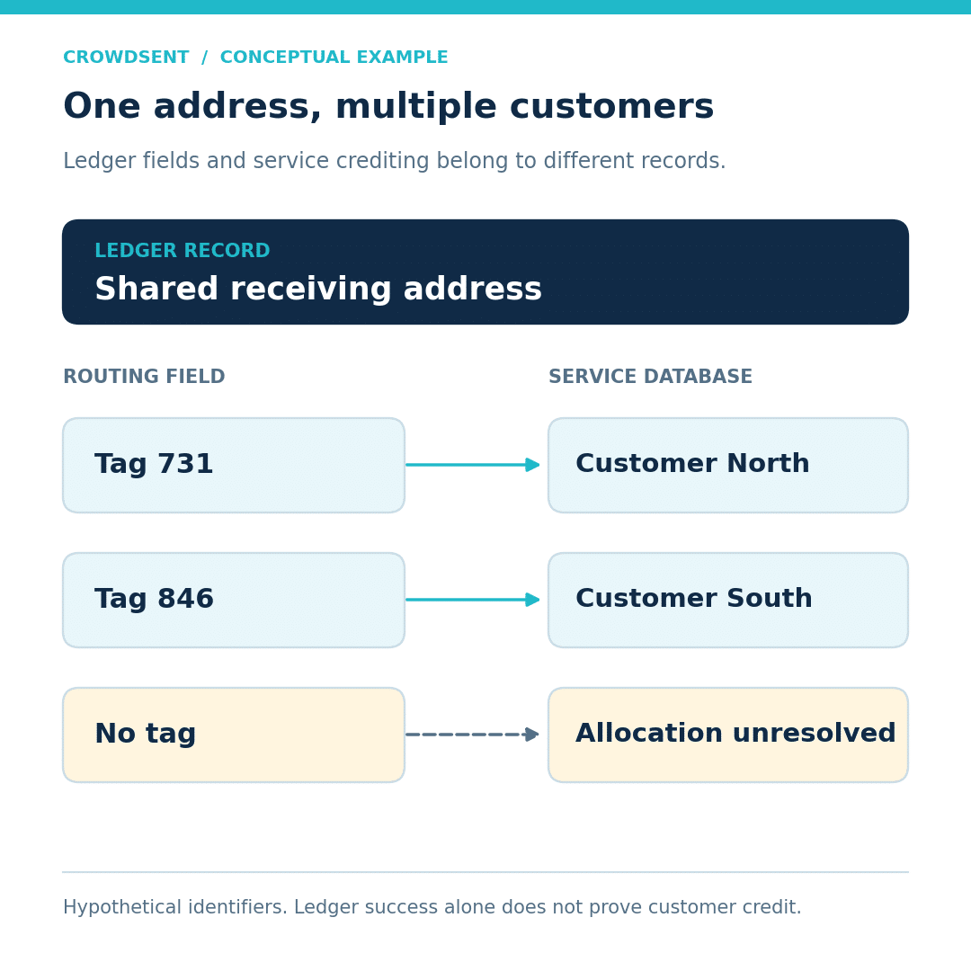 Destination tag illustration: hypothetical shared ledger address maps tag 731 to Customer North and tag 846 to Customer South; a payment without a tag has unresolved internal allocation.