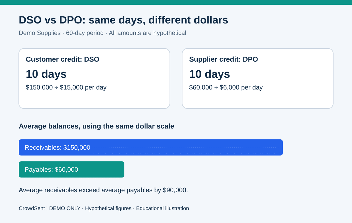DSO vs DPO illustration. Demo comparison showing $150,000 average receivables divided by $15,000 daily credit sales equals 10-day DSO, while $60,000 average payables divided by $6,000 daily credit purchases equals 10-day DPO.