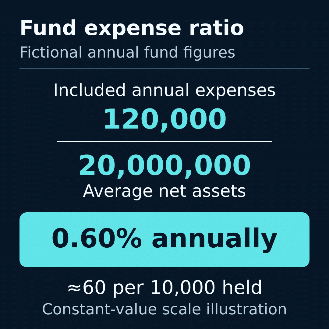 Fund expense ratio example: annual included expenses of 120,000 divided by average net assets of 20,000,000 equals 0.60%; about 60 on a constant 10,000 holding.