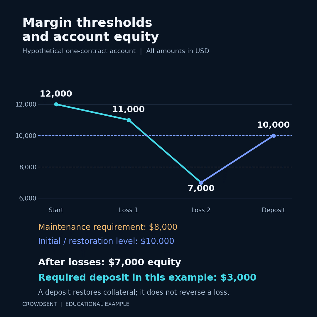 Hypothetical account equity falls from $12,000 to $11,000 to $7,000, below $8,000 maintenance. A $3,000 deposit restores $10,000 initial margin.
