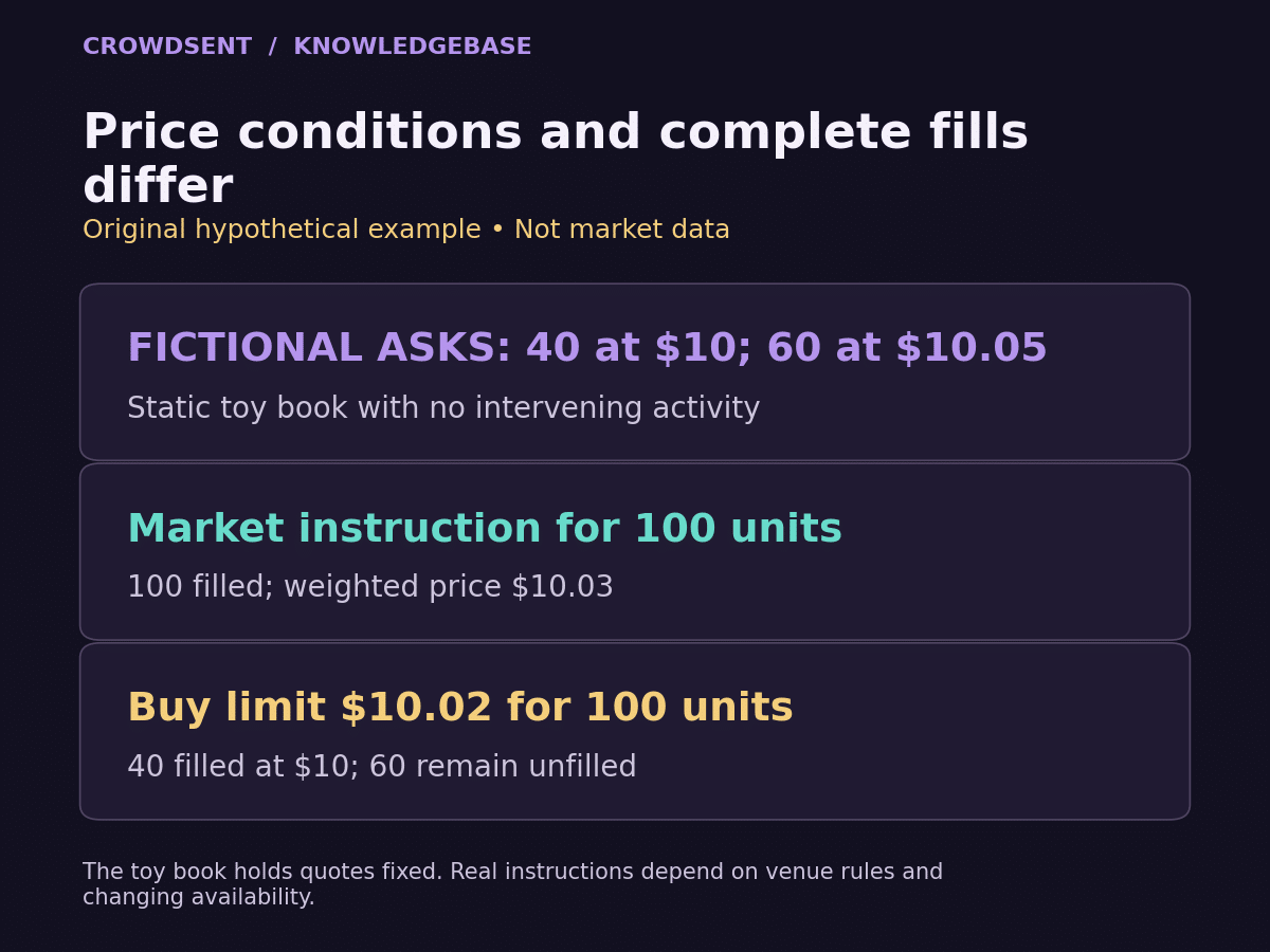 A static hypothetical ask book offers 40 units at 10 dollars and 60 at 10.05; a 100 unit market instruction fills at 10.03 weighted average, while a 10.02 buy limit fills 40 and leaves 60.