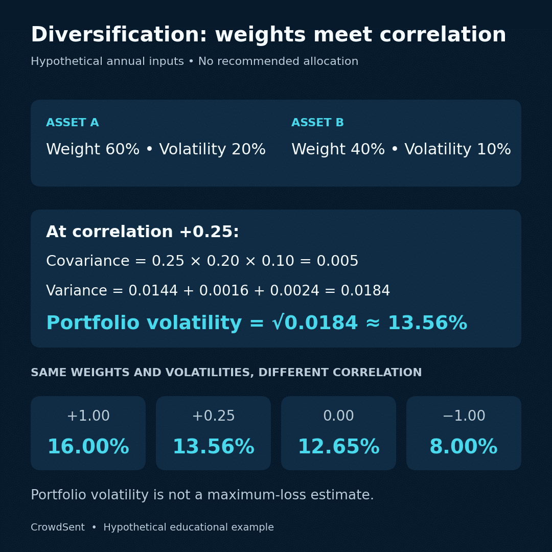 Portfolio diversification illustration: hypothetical 60/40 portfolio with 20% and 10% asset volatility has 13.56% volatility at correlation 0.25; other correlations produce 16%, 12.65% or 8%.
