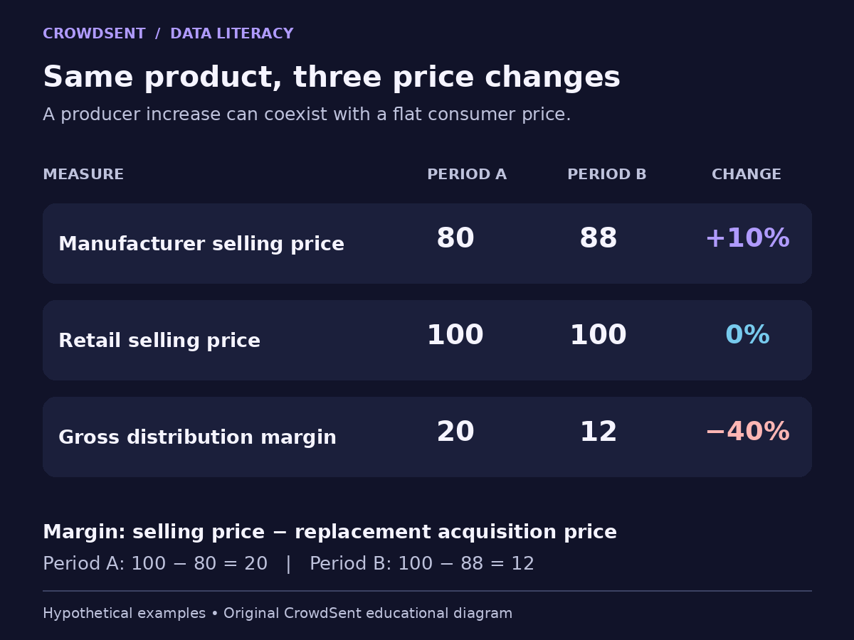 PPI vs CPI teaching example: manufacturer price rises from 80 to 88, consumer price stays at 100 and gross distribution margin falls from 20 to 12.