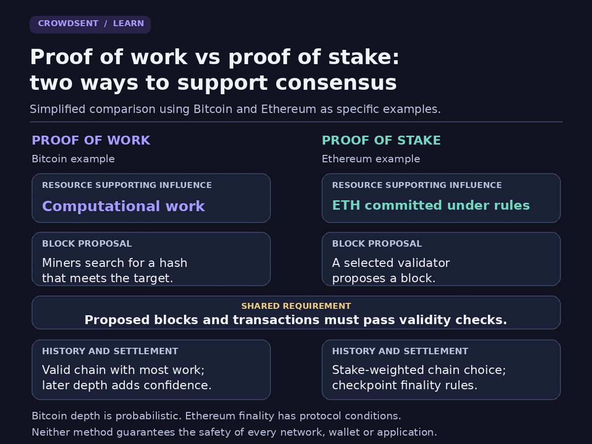 Proof of work vs proof of stake comparison: Bitcoin uses computational work, while Ethereum uses committed ETH and stake-weighted votes; both require block validity checks.