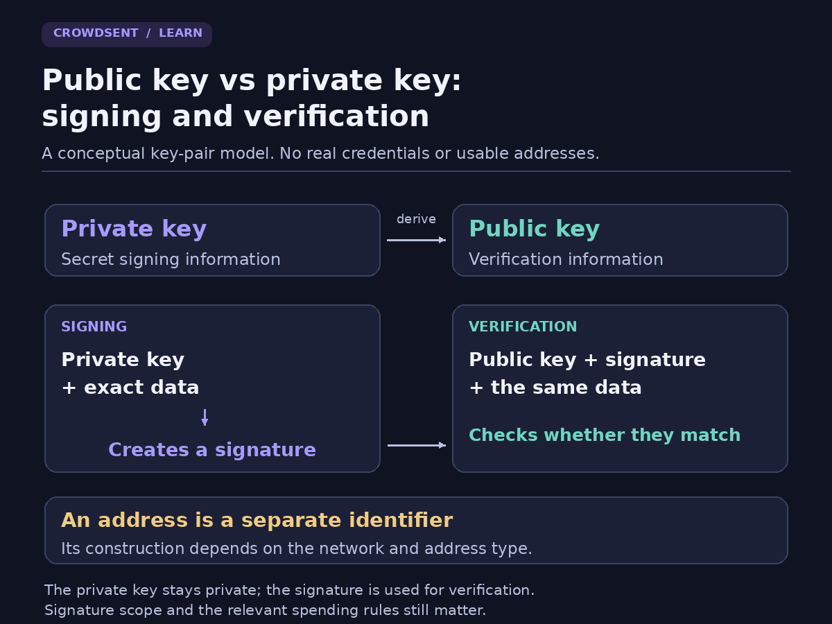 Public key vs private key diagram: a private key signs exact data, while the public key, signature and same data support verification; an address is shown as a separate identifier.