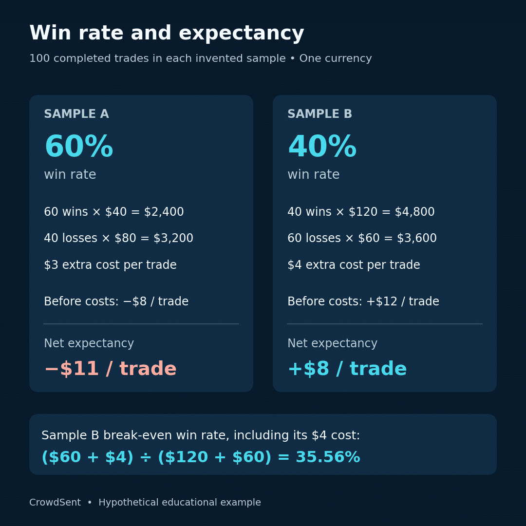 Hypothetical 100-trade samples: 60% win rate gives −$11 net expectancy per trade, while 40% gives +$8; the second sample breaks even at 35.56%.